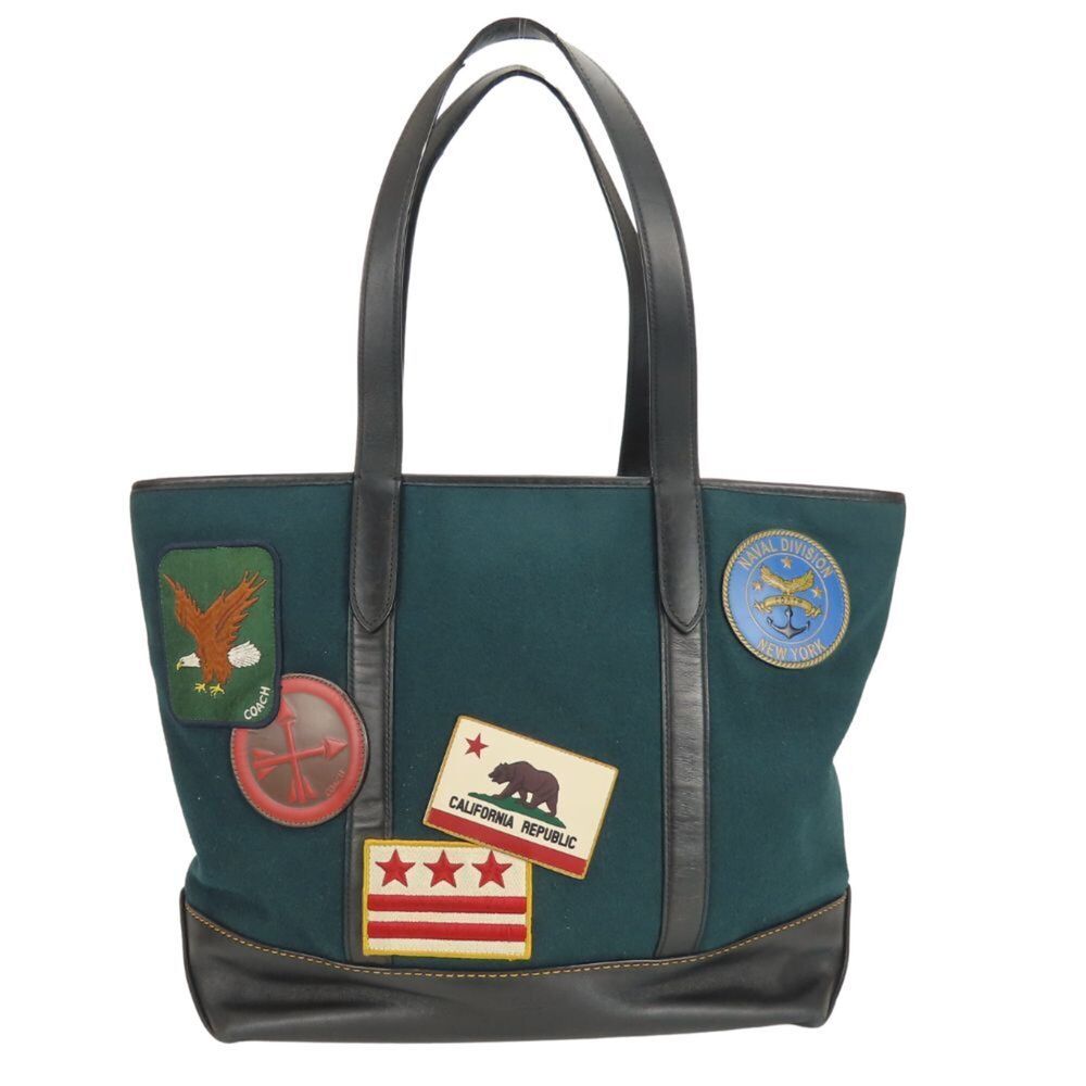 Coach Tote Bag F31340 Felt Leather Green Black Shoulder Patch Military Men's ...